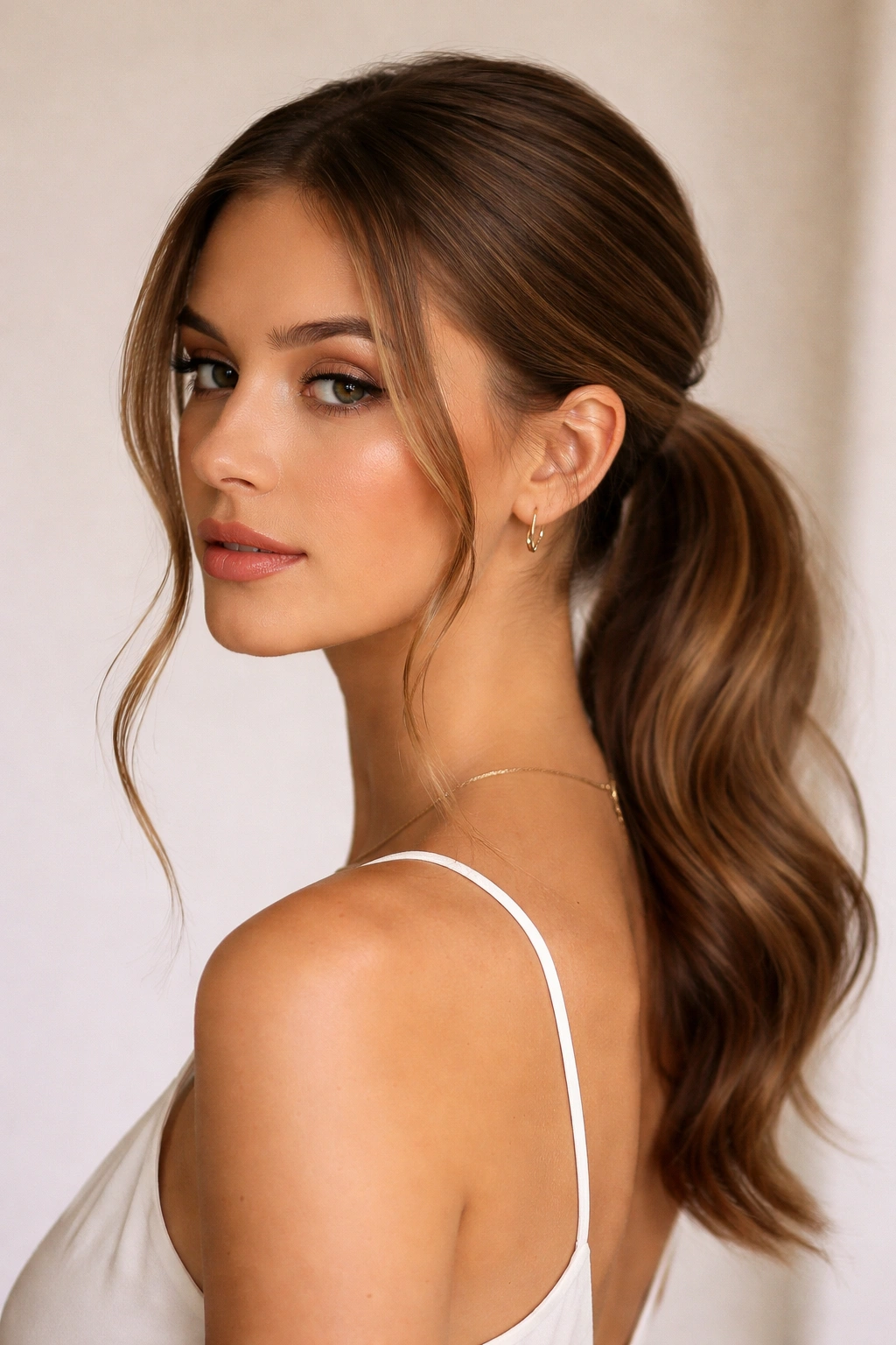 Sleek low ponytail with two wispy face-framing pieces