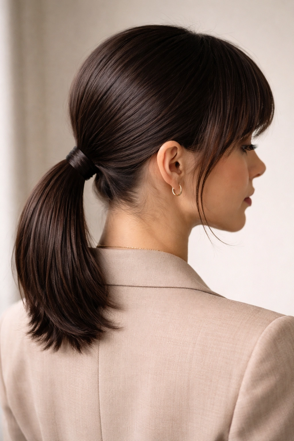 Back view of sleek low ponytail with bangs framing the face
