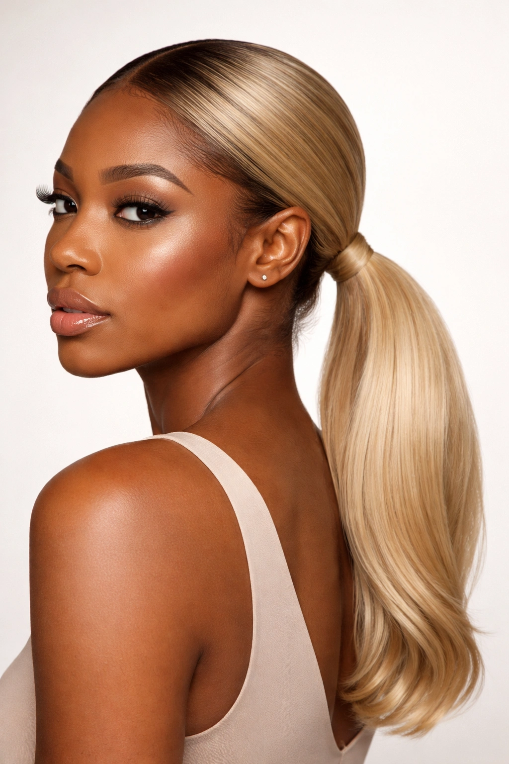 Close-up of a Black woman with a sleek blonde low ponytail