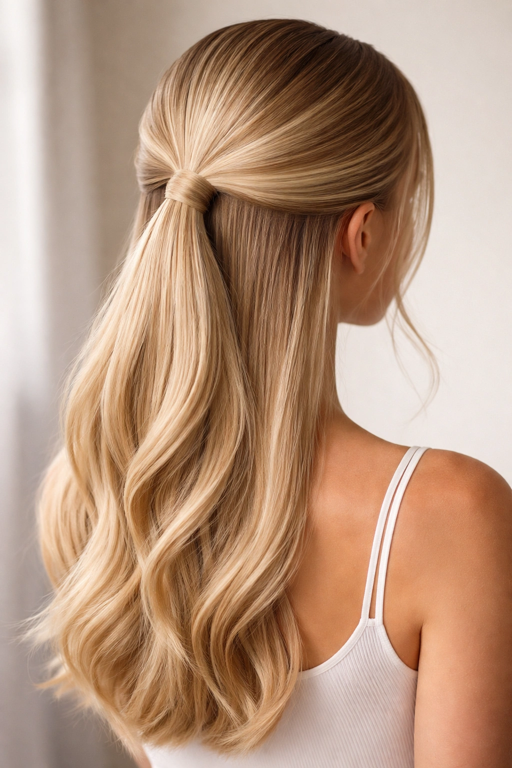 Back view of blonde hair with a sleek low ponytail half-up