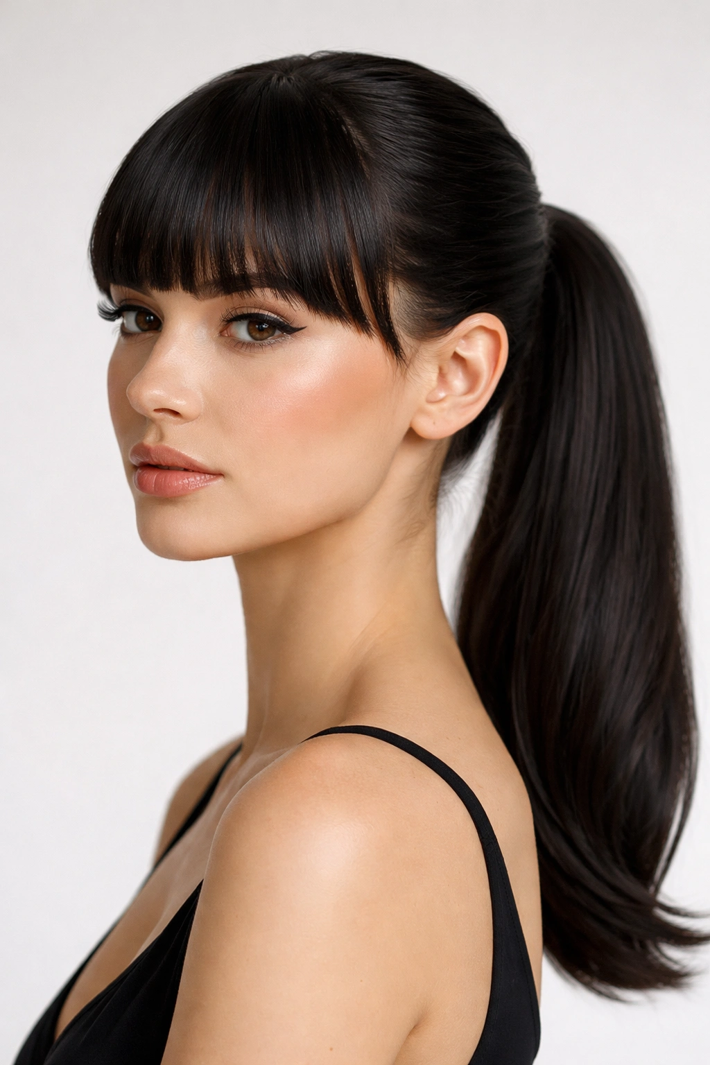 Sleek low ponytail with blunt bangs on a neutral backdrop