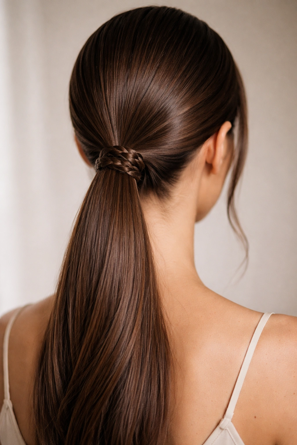 Back view of a sleek low ponytail with a braid wrap at the base