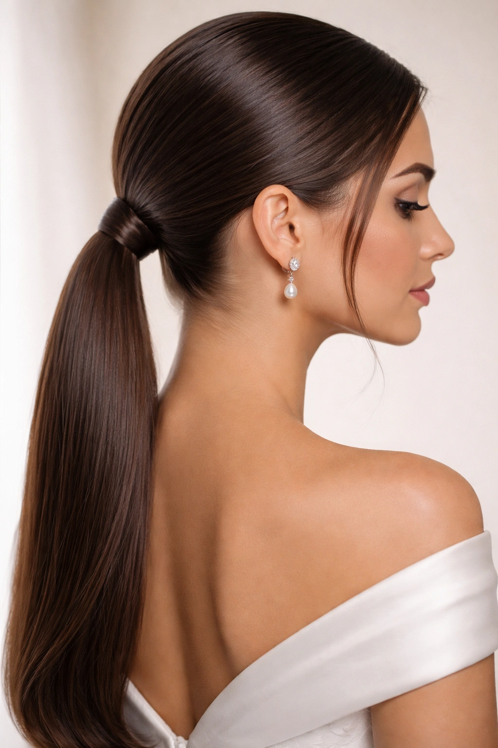 Bride with sleek low ponytail, smooth glossy hair at the nape