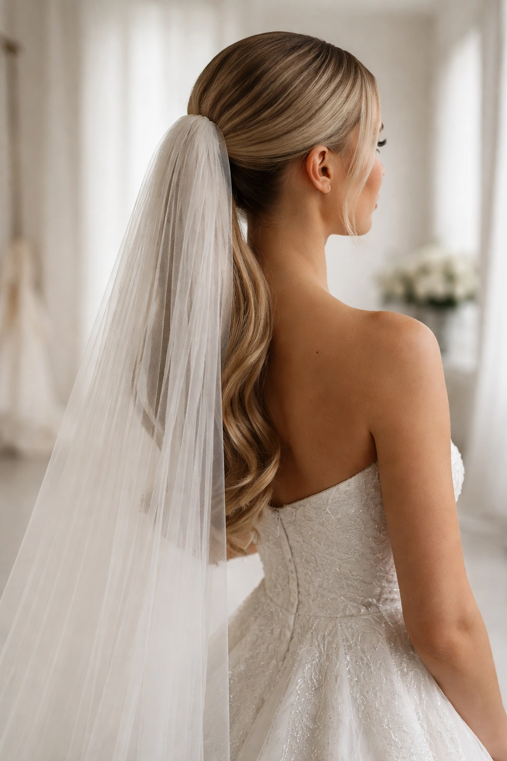 Sleek low ponytail with voluminous cathedral veil silhouette at nape