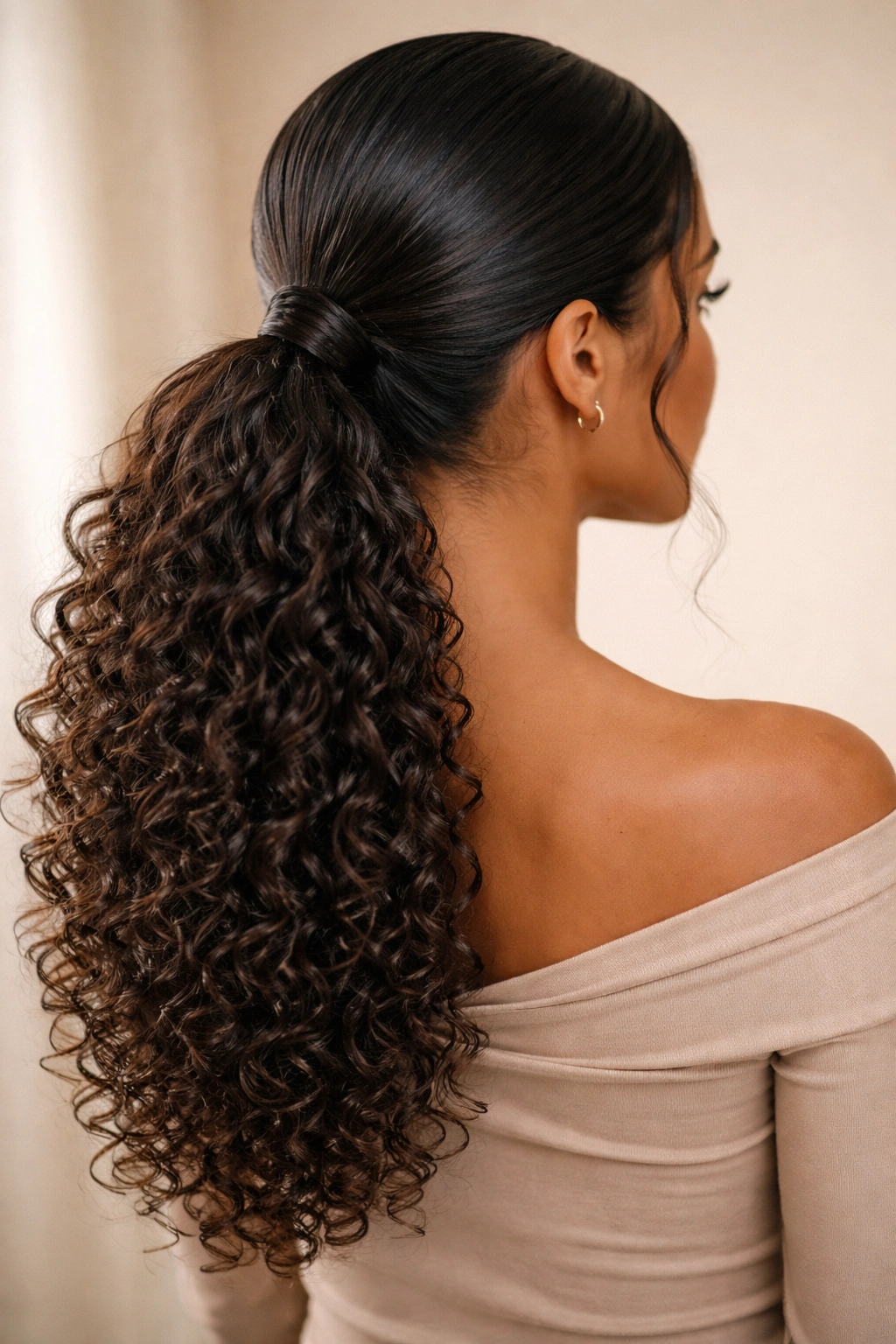 Sleek low ponytail at the nape with glossy curls