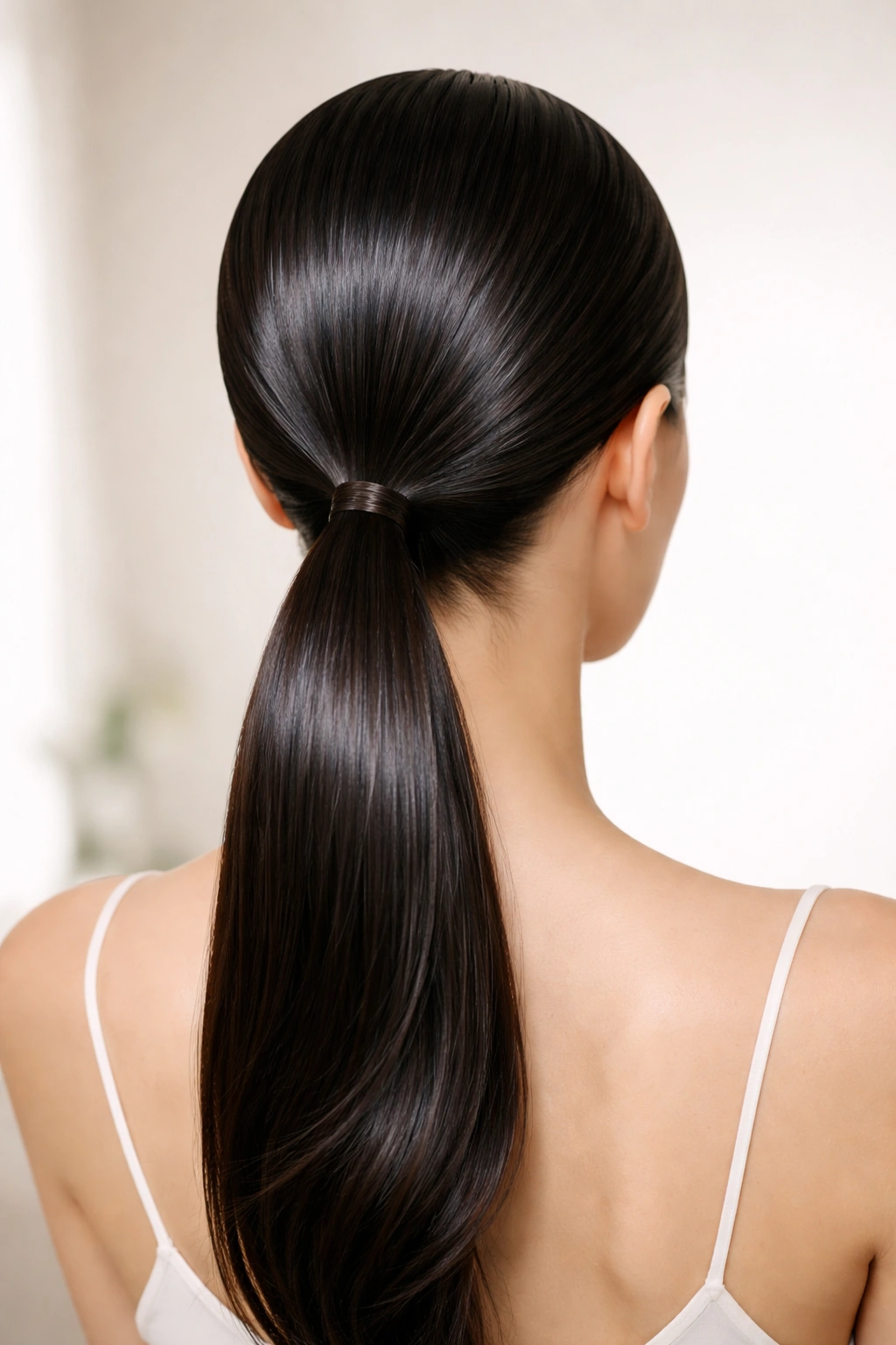 Back view of a sleek, glossy low ponytail at the nape