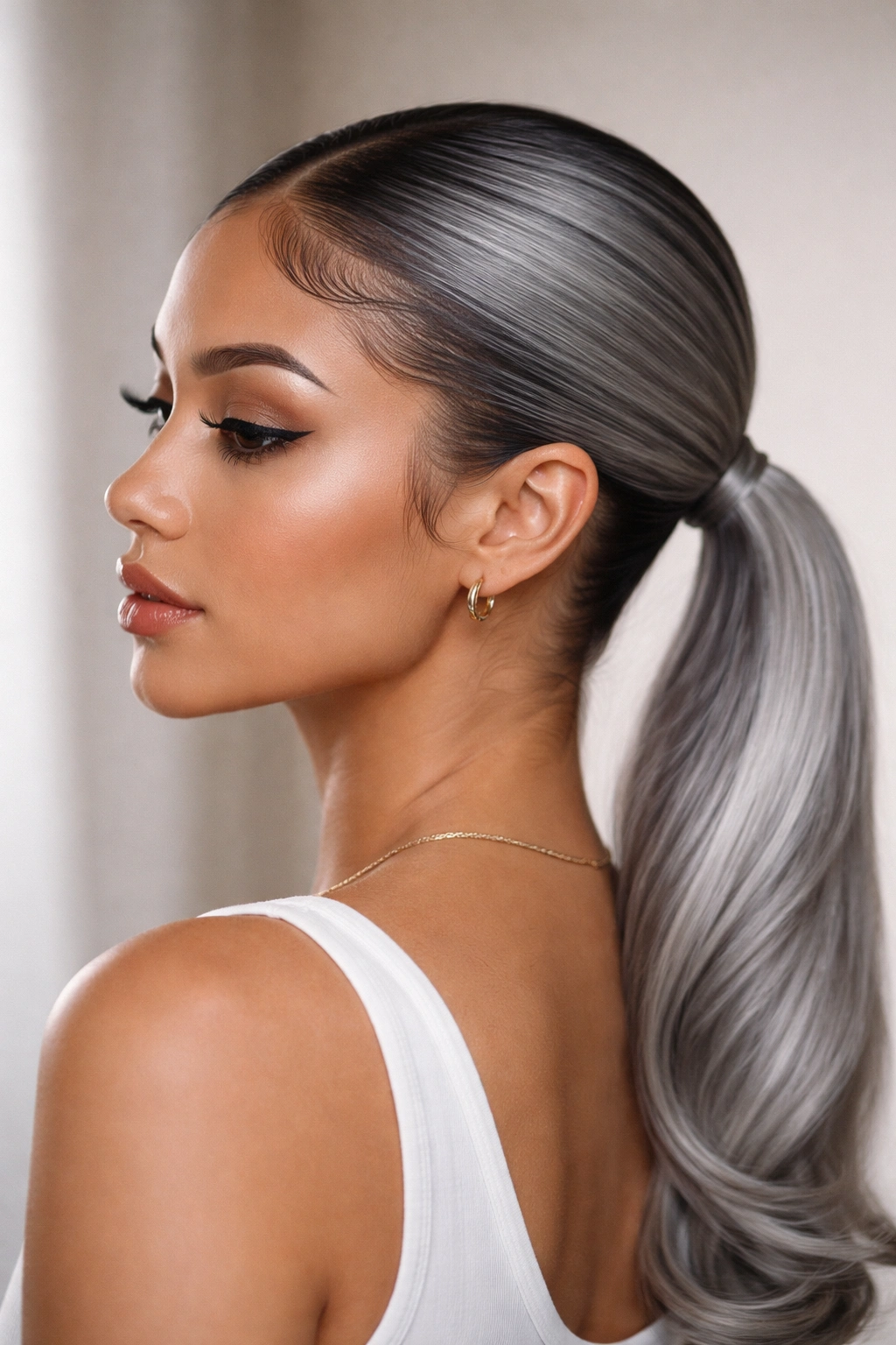 Profile of gray hair in a sleek low ponytail with defined edges