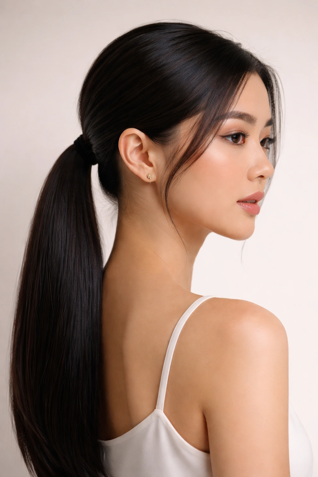 Portrait of Asian woman with a sleek, glossy low ponytail at the nape.