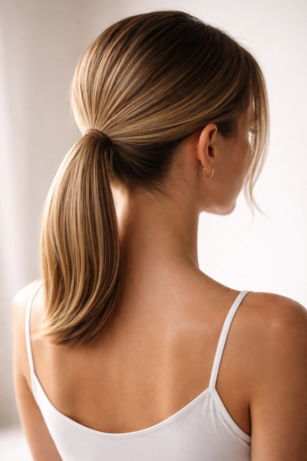 Sleek low half ponytail hiding layers at the nape