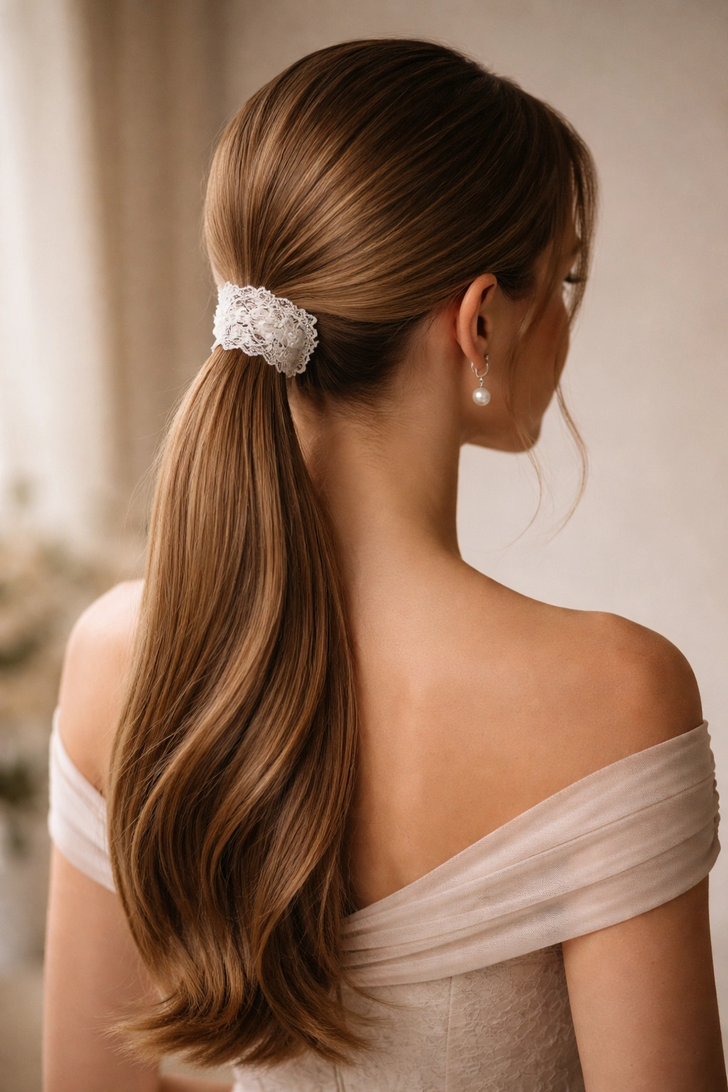 Sleek low ponytail wrapped with lace detail at the base