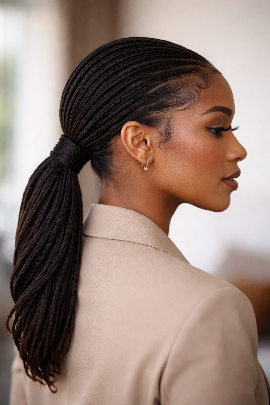 Sleek low twisted ponytail with groomed edges at the nape, no text