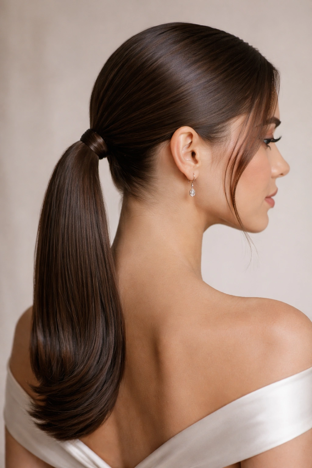 Low ponytail at the nape with smooth glossy finish