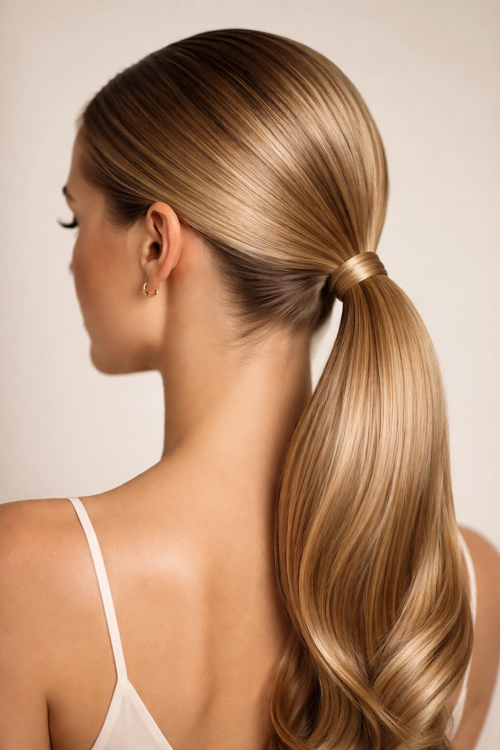 Close-up of a sleek, smooth low ponytail at the nape with a glossy finish