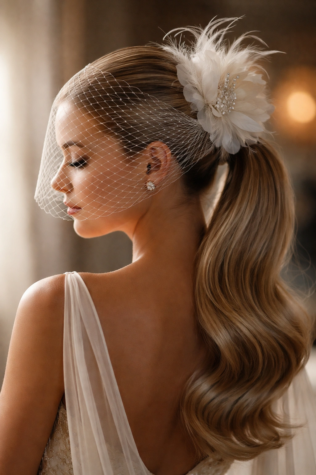 Sleek low ponytail with blusher veil and fascinator in studio lighting