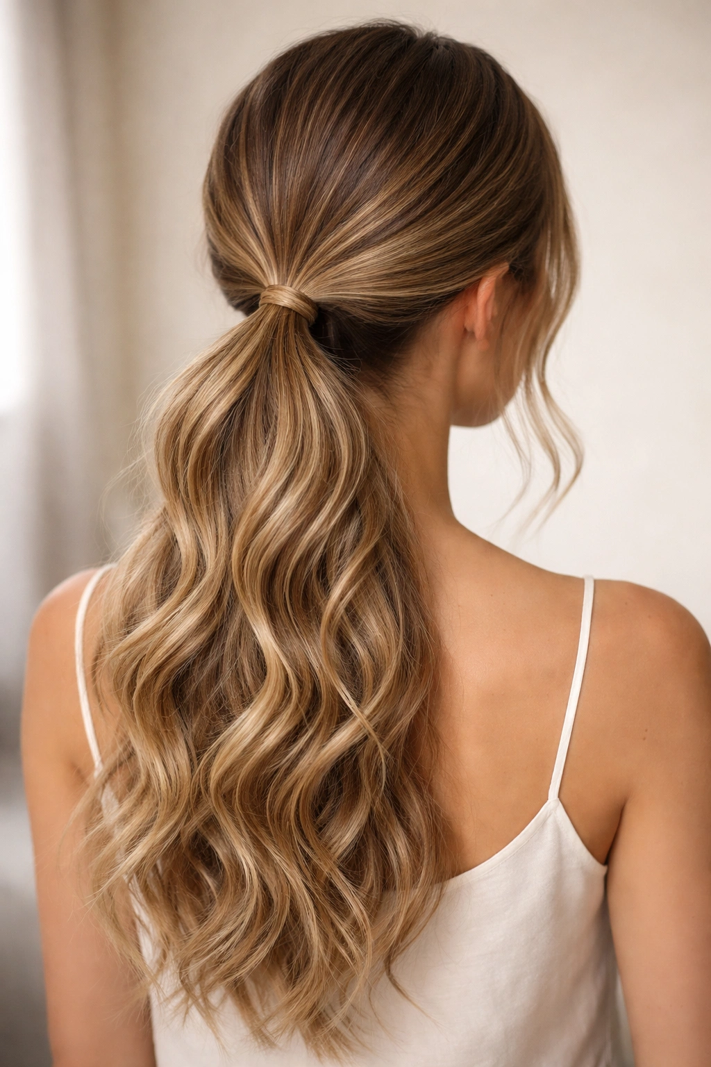 Back view of sleek low ponytail with waves