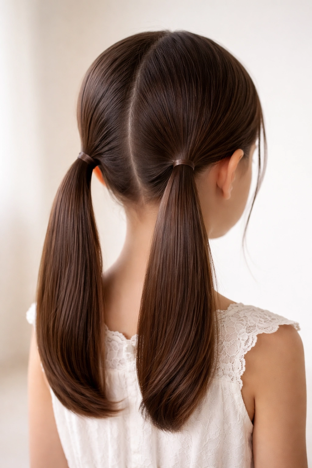 Child with sleek double low ponytails at the nape