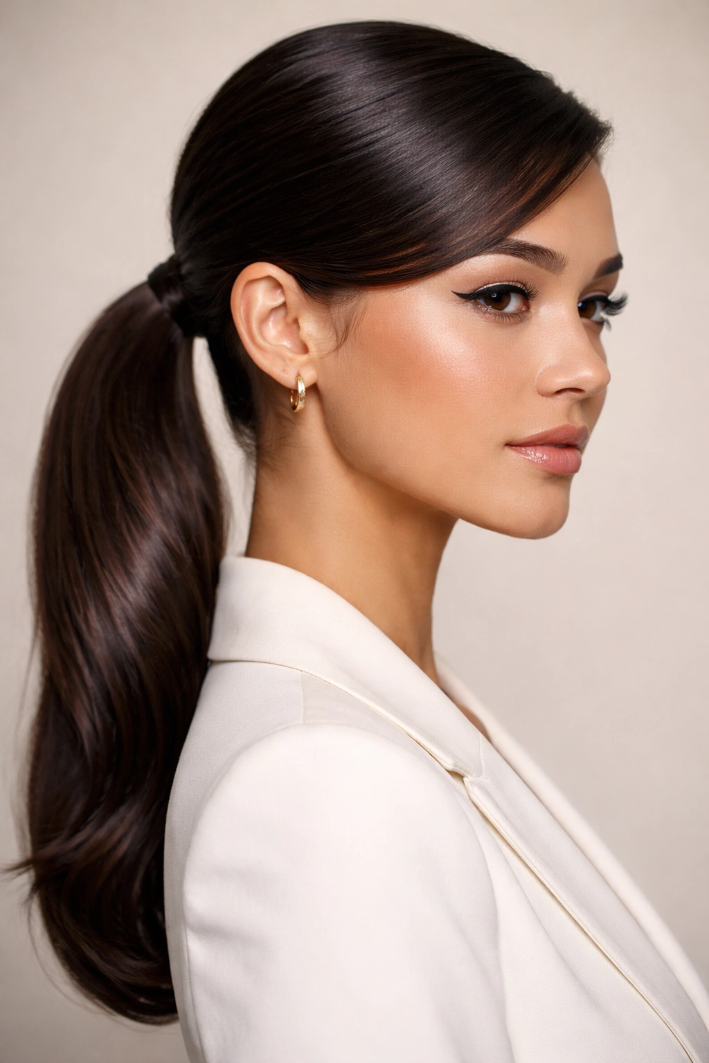 Close-up of a sleek, glossy low swoop ponytail with smooth crown