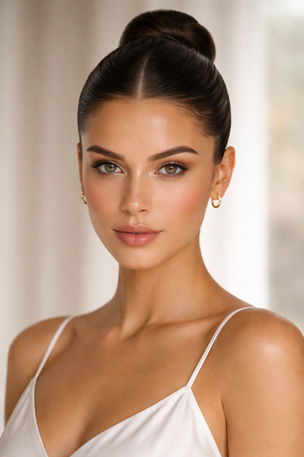 Front view of a sleek middle part bun ponytail with center part