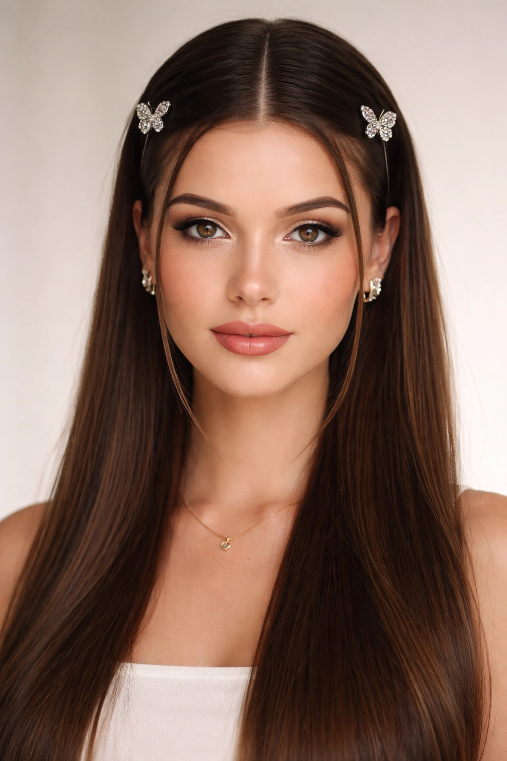 Sleek middle part with dual butterfly clips on straight hair