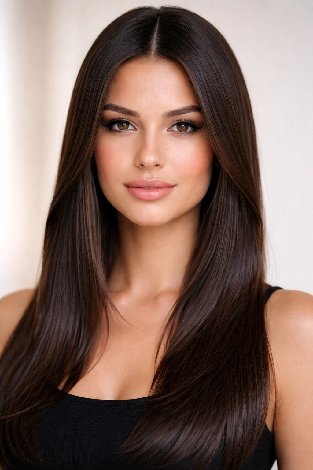Middle-parted sleek hair with cheekbone-height face-framing layers on a single subject