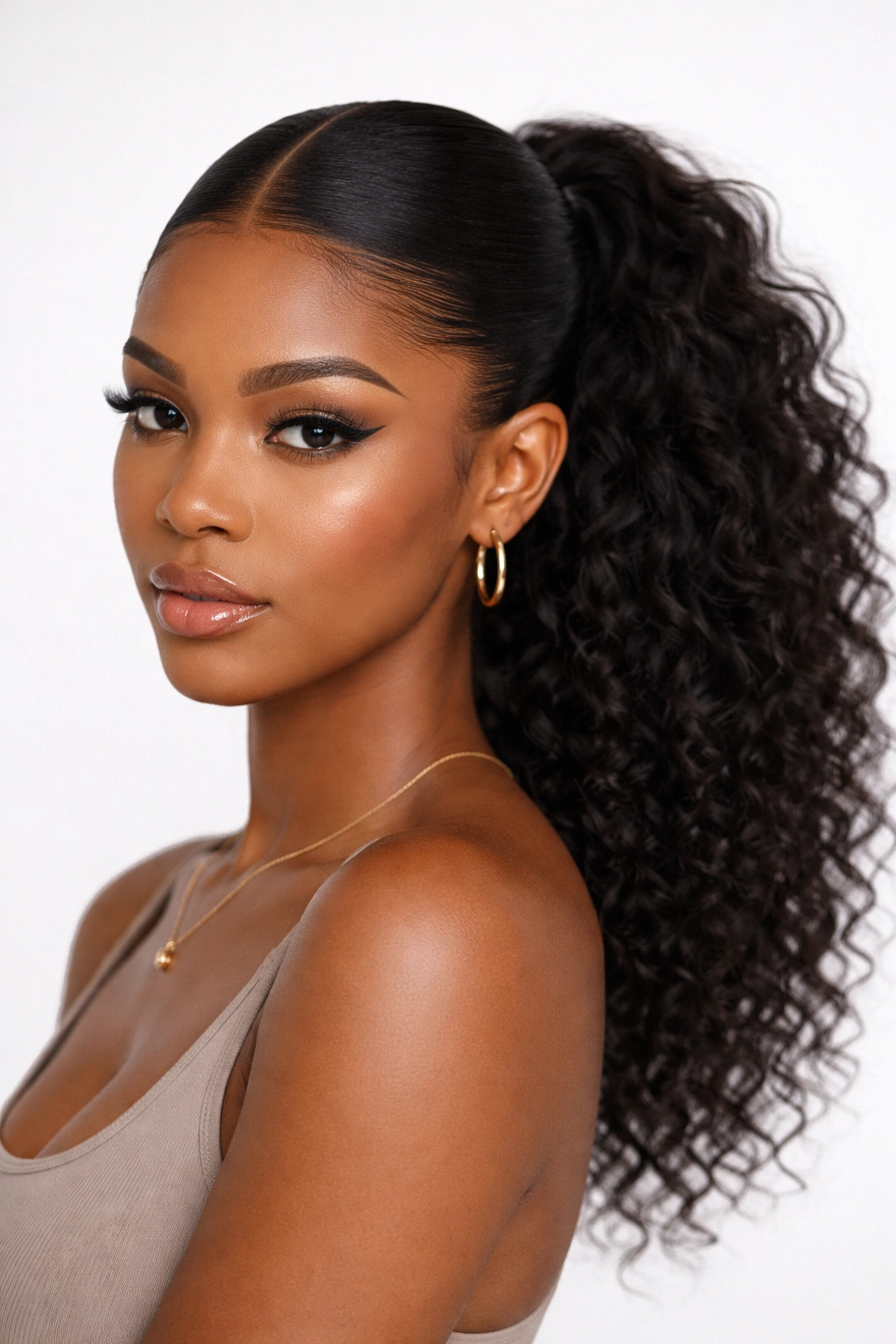 Sleek middle-part with textured ponytail and polished edges