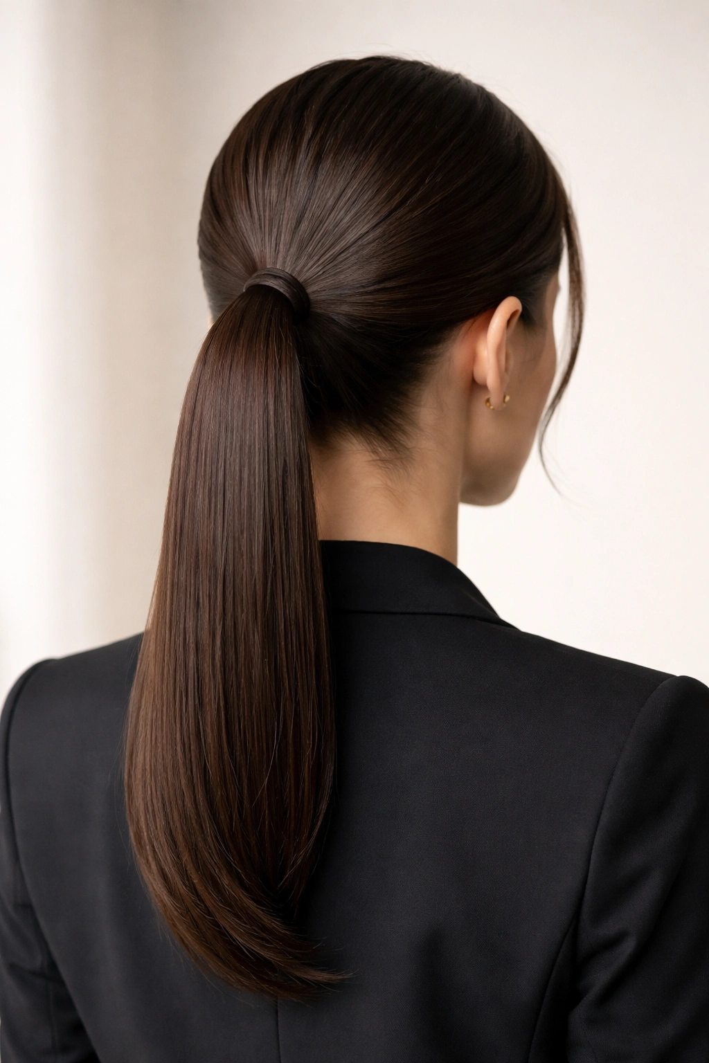 Back view of a sleek middle ponytail hairstyle, polished and secure.