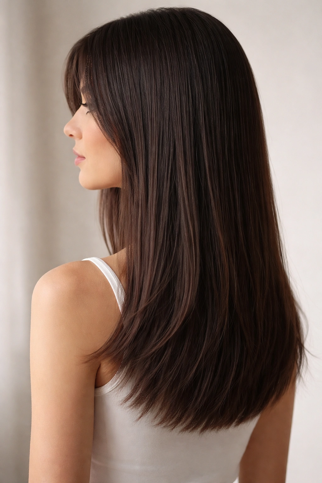 Sleek mid-calf straight hair with razored ends in a studio