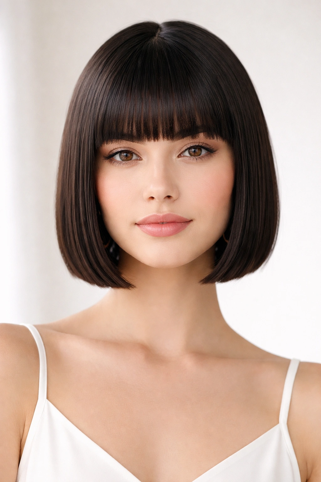 Close-up of sleek minimal bob with straight-across bangs on straight hair.
