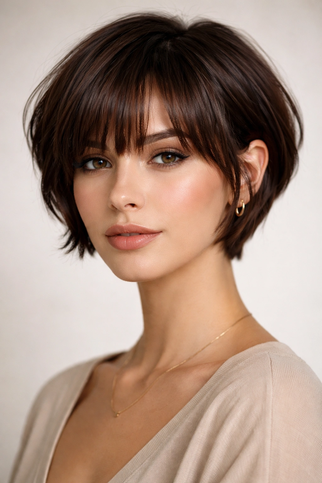 Close up of a sleek pixie bob with blunt curtain bangs in brown hair
