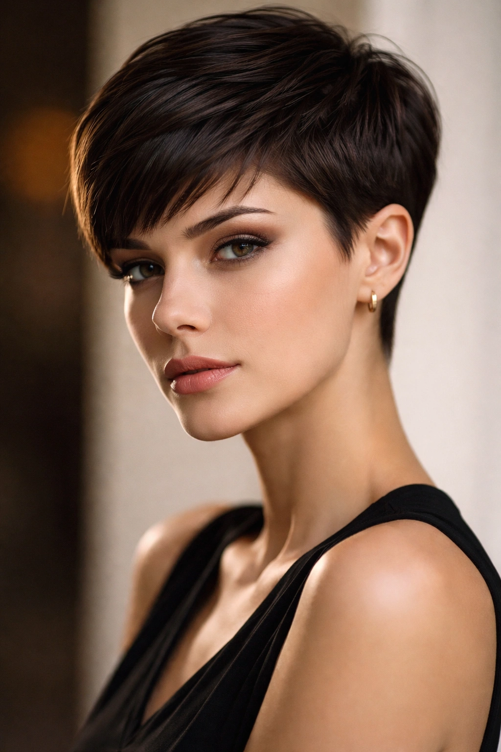 Sleek pixie cut with volume on top and crisp lines along the silhouette.