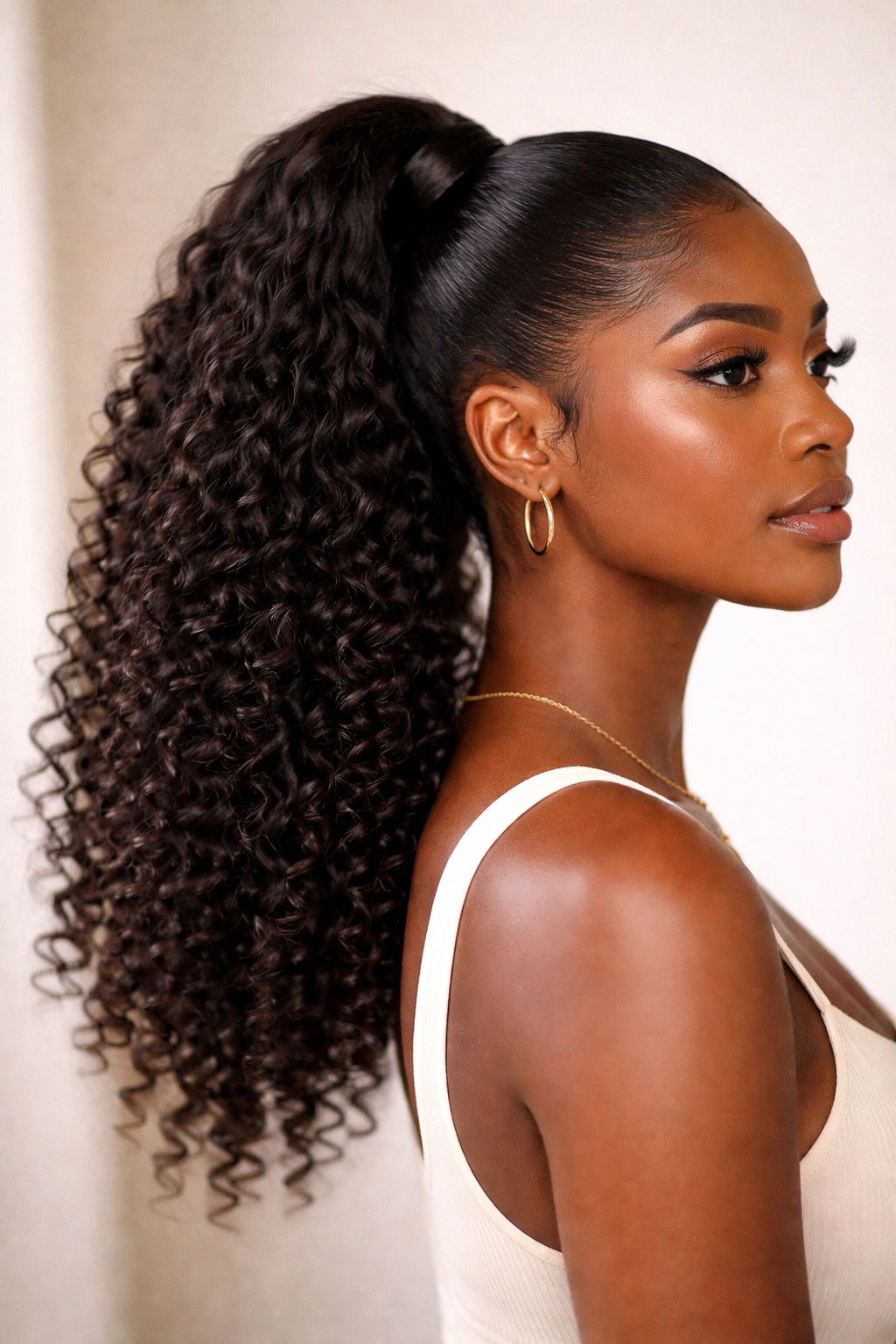 Close-up of a sleek high ponytail on 4C hair with smooth roots and defined curls