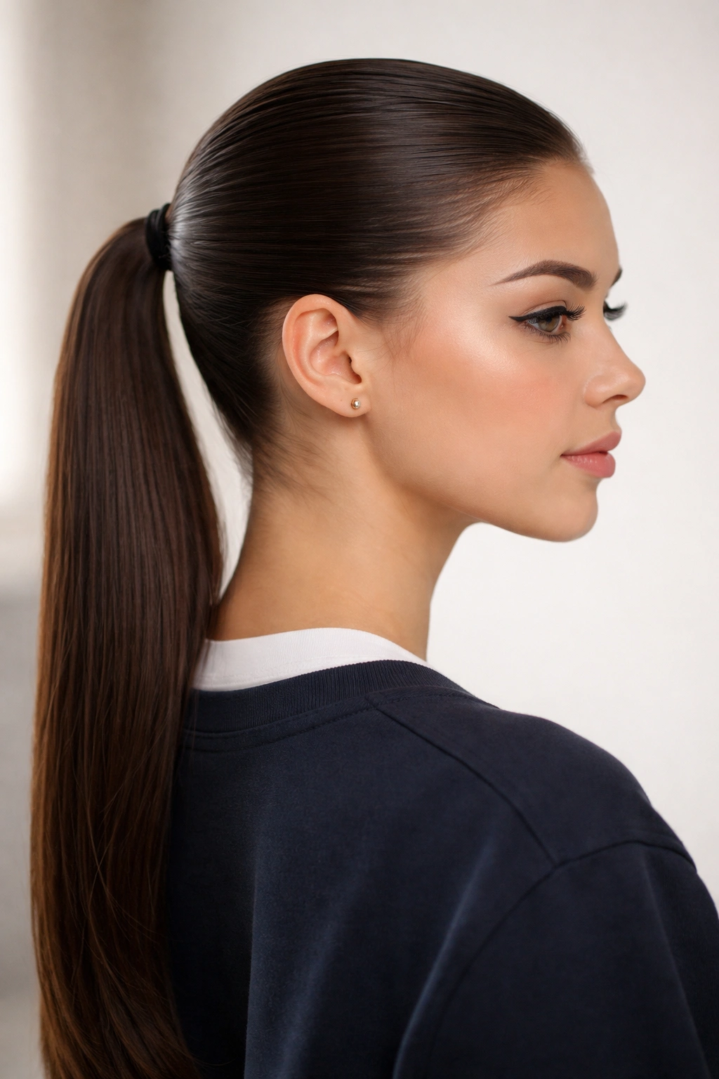 Sleek pulled-back ponytail with flawless smoothness
