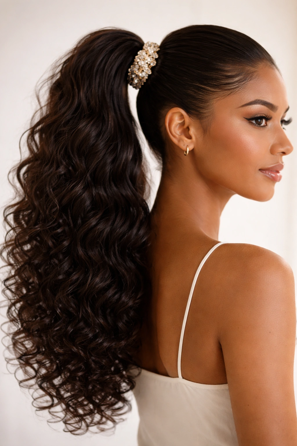 Sleek curly ponytail with a decorative clip at the base