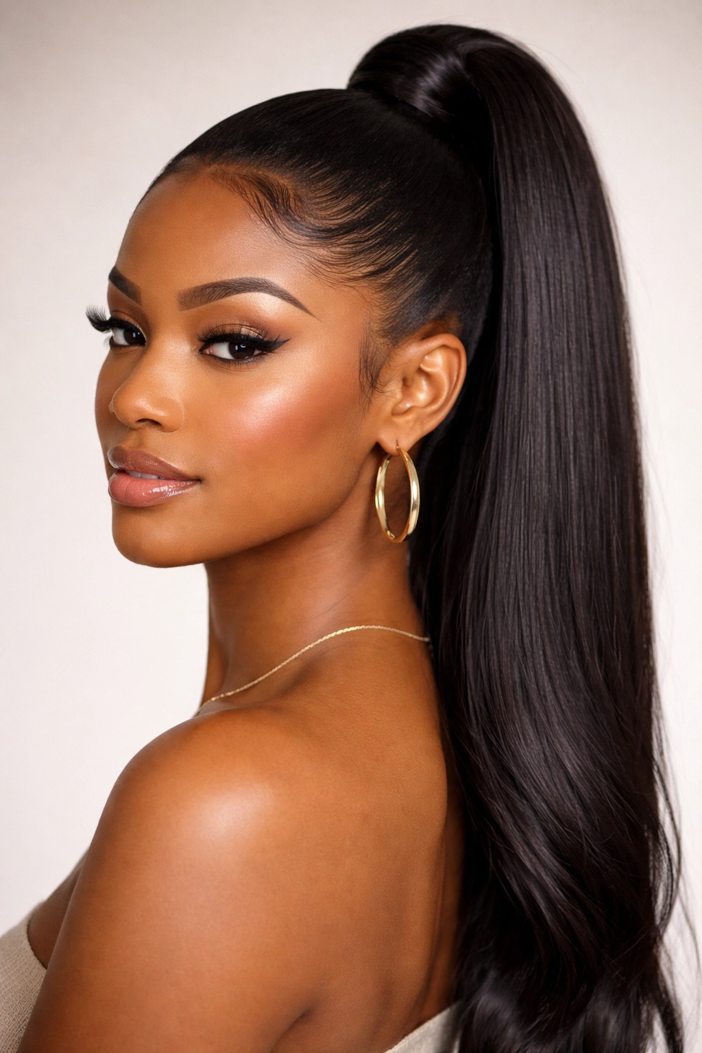 Close-up of a Black woman with a high sleek ponytail and glossy hair