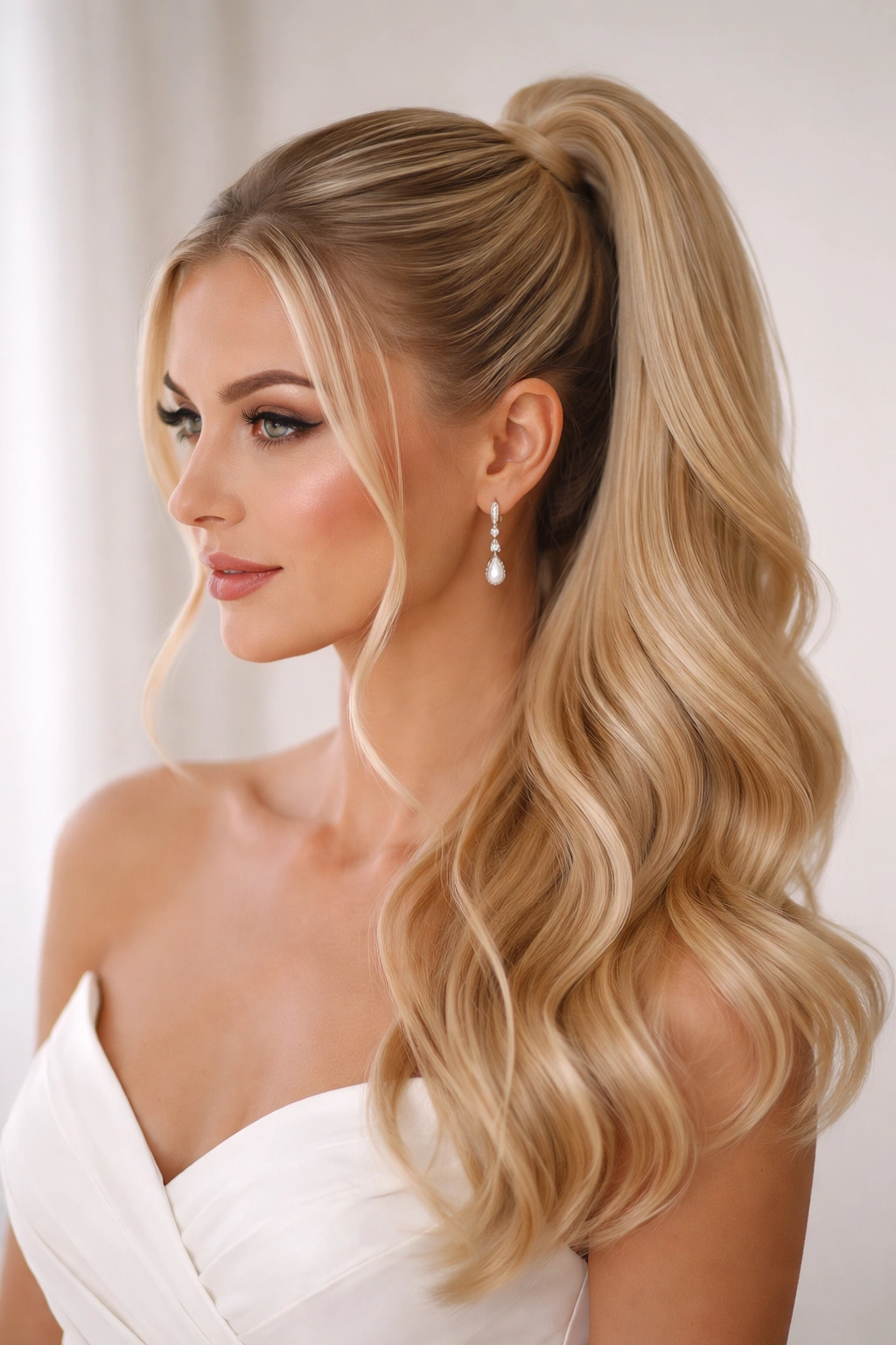 Blonde hair sleek ponytail hybrid half-up hairstyle on a clean model