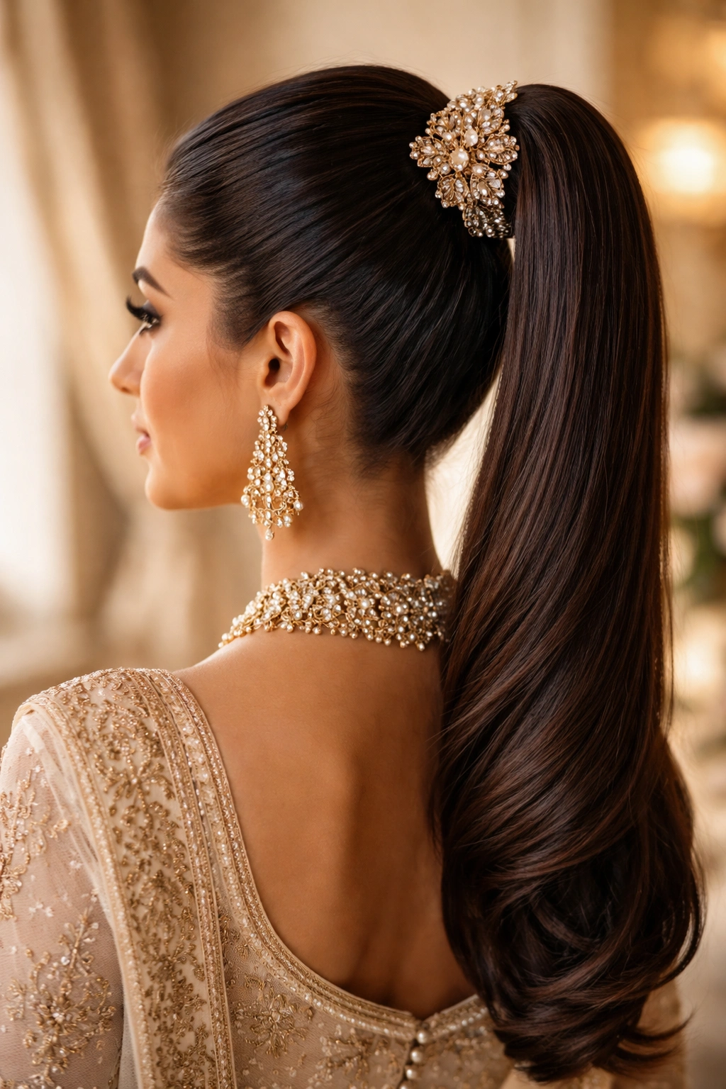 Close-up of a sleek high ponytail with a jeweled pin, bridal hairstyle.
