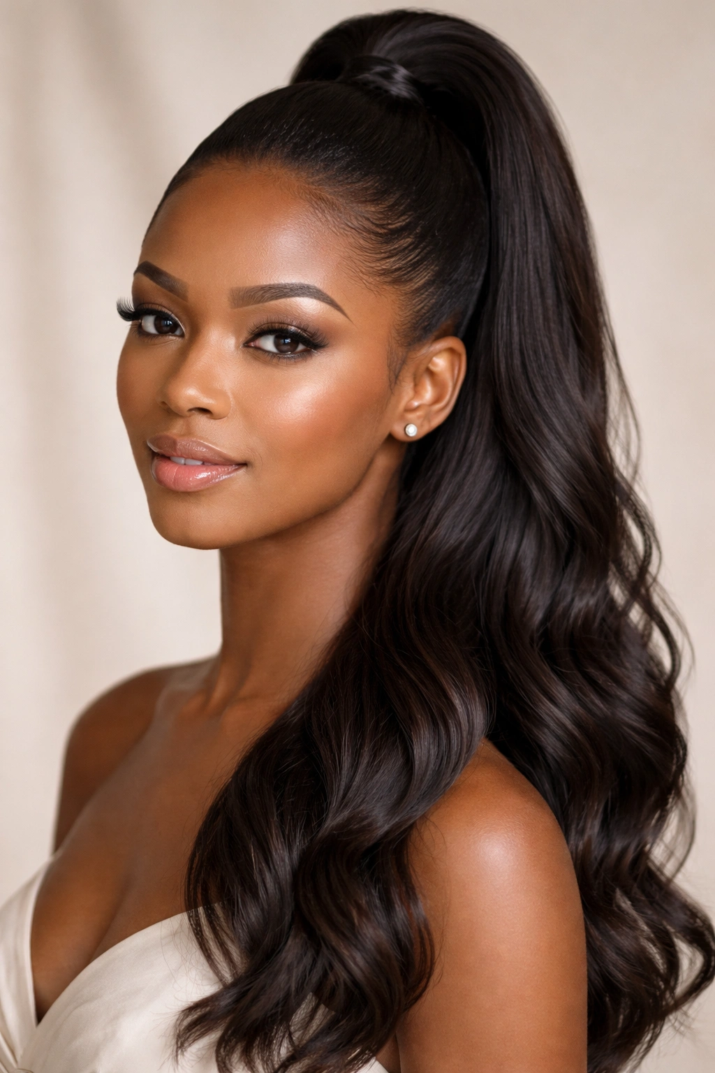 Close-up of a bridesmaid hairstyle with a sleek high ponytail half-up style featuring a smooth top and flowing bottom.