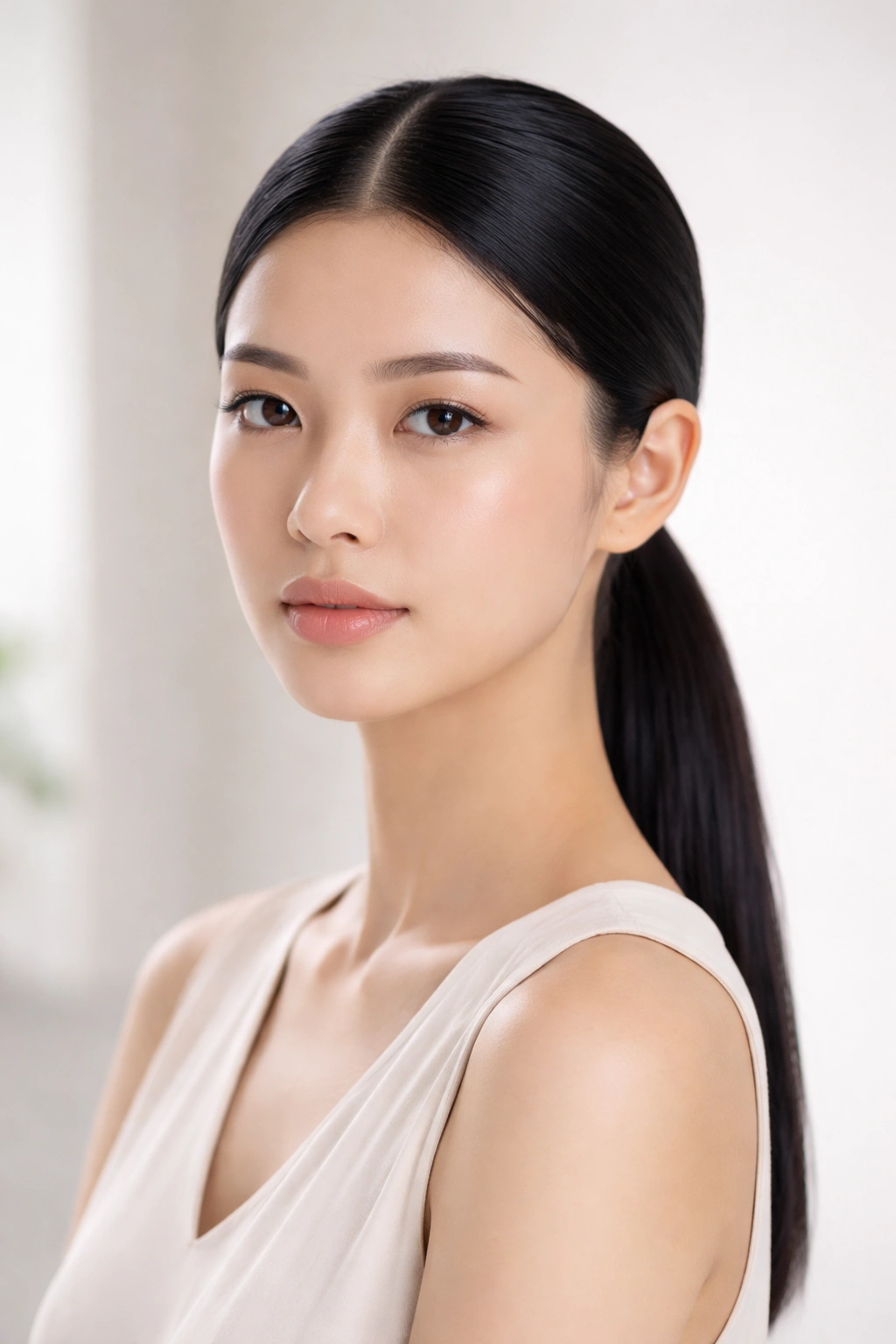 Close-up of a sleek low ponytail with a center part on a single model, minimal Japanese hairstyle