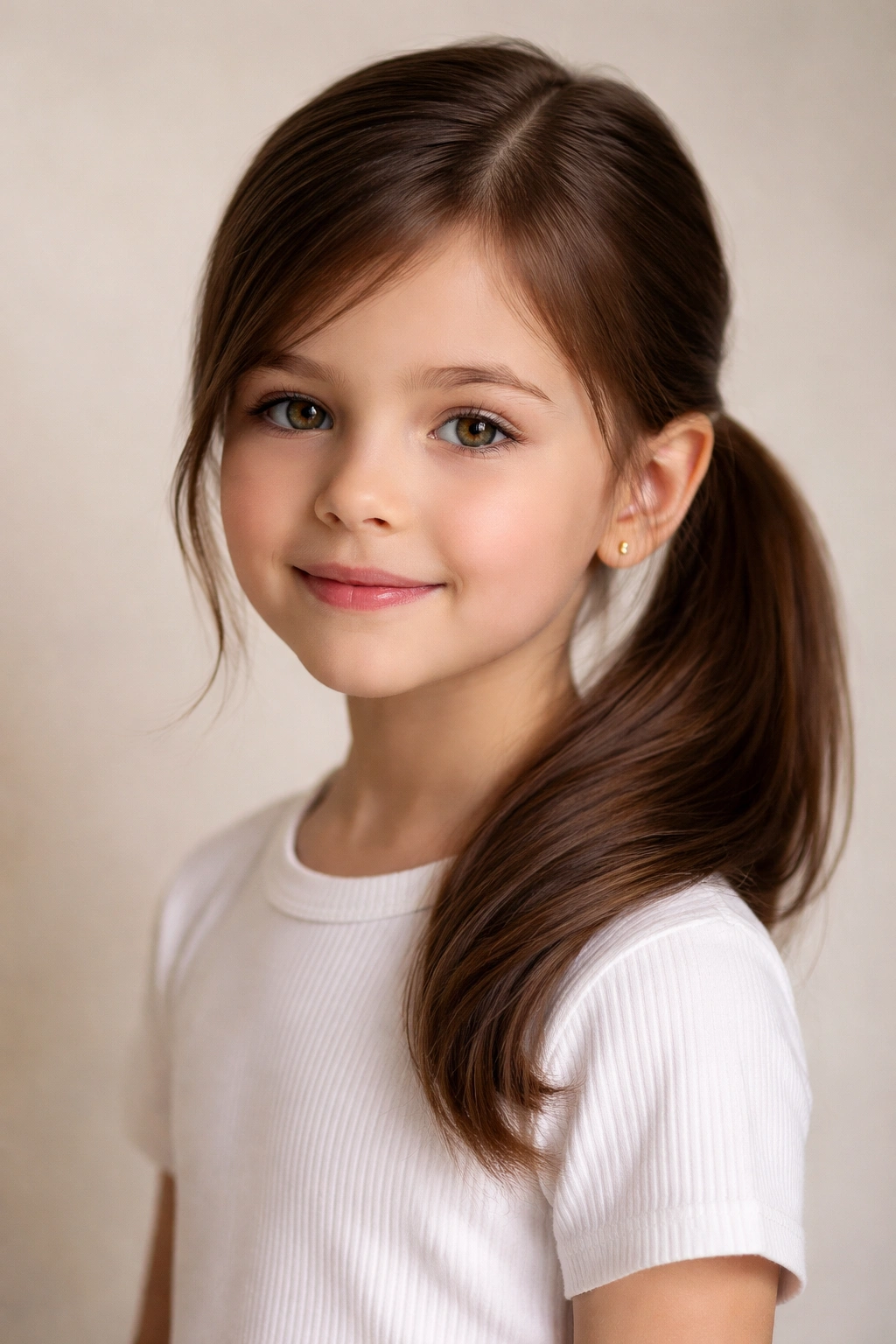 Close-up of a child with a low sleek side ponytail against a neutral studio background.