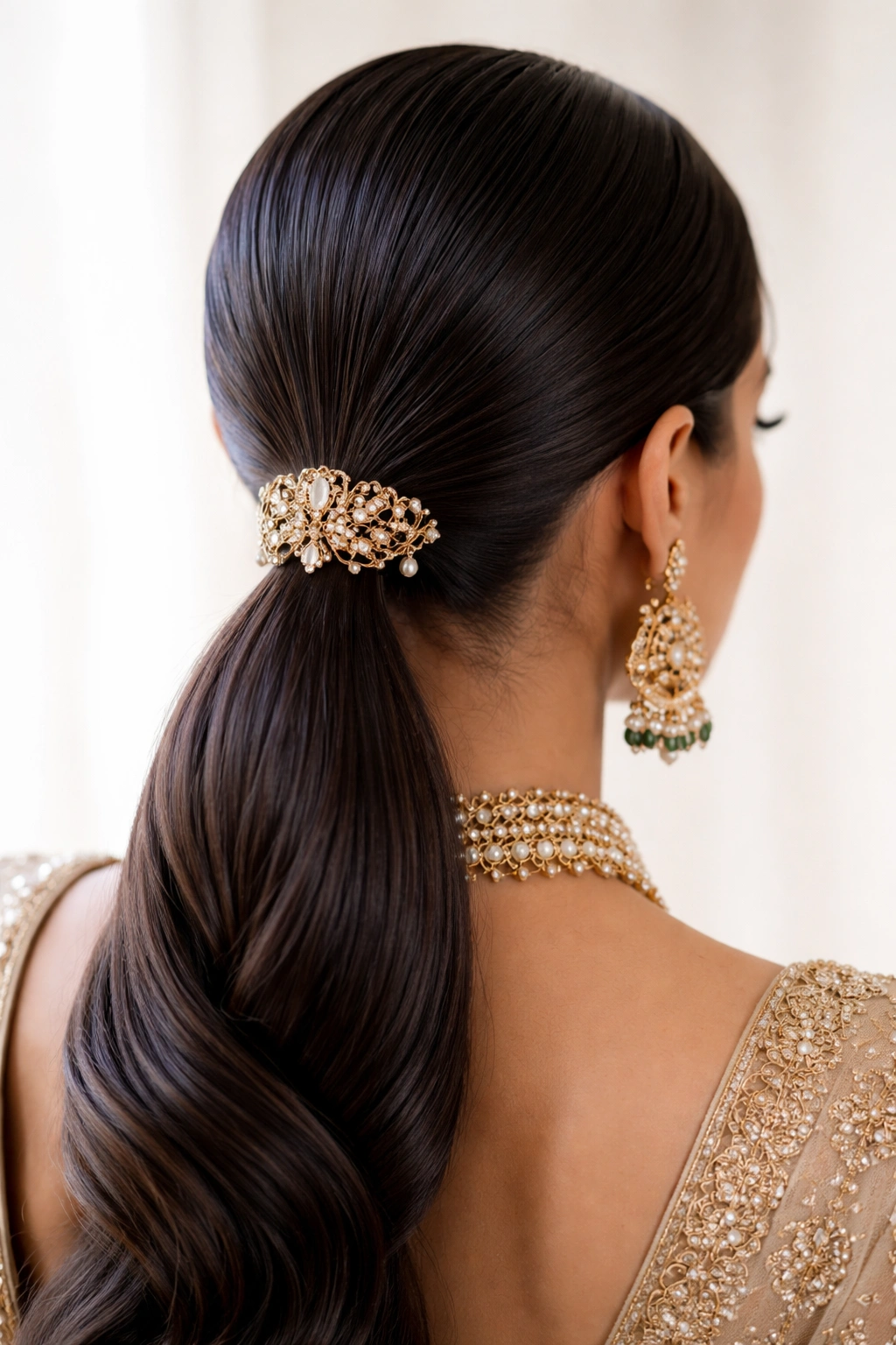 Sleek low ponytail with ornamental clasp at the nape