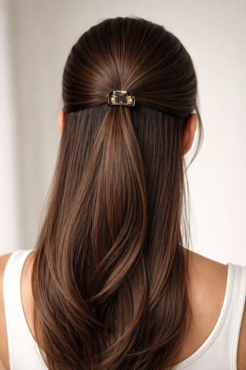 Close-up of a sleek ponytail with a small claw clip securing the top section