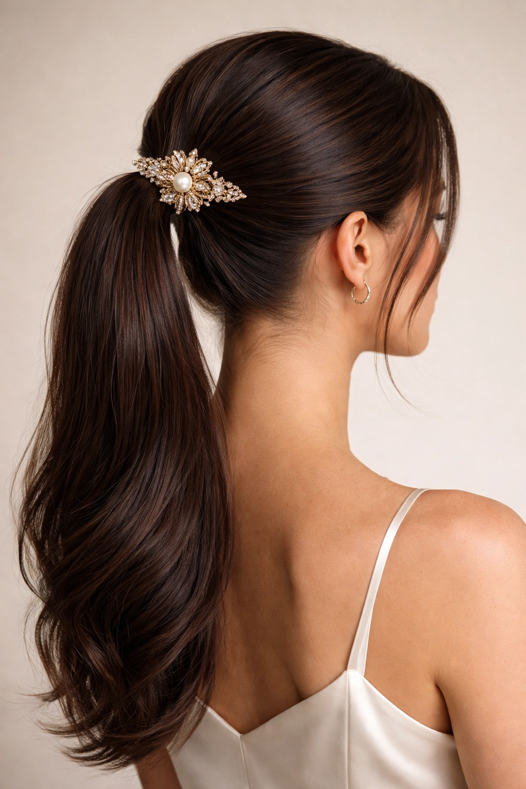 Sleek deep brown ponytail with a decorative clip