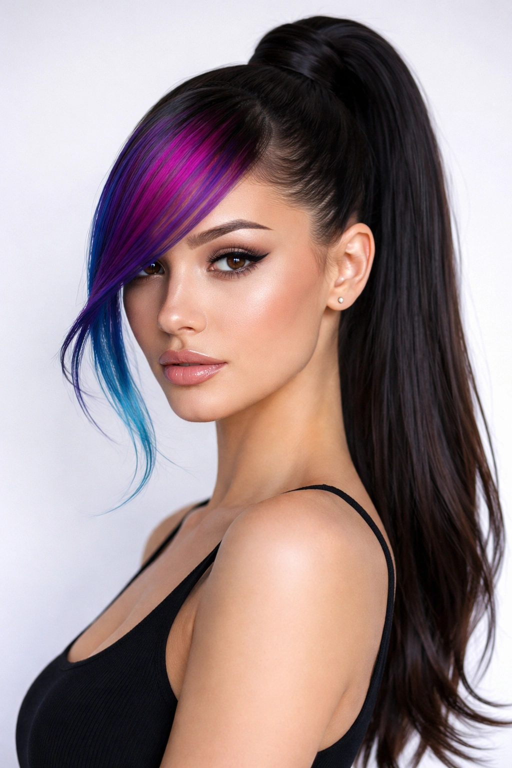 Sleek high ponytail with colored side bangs
