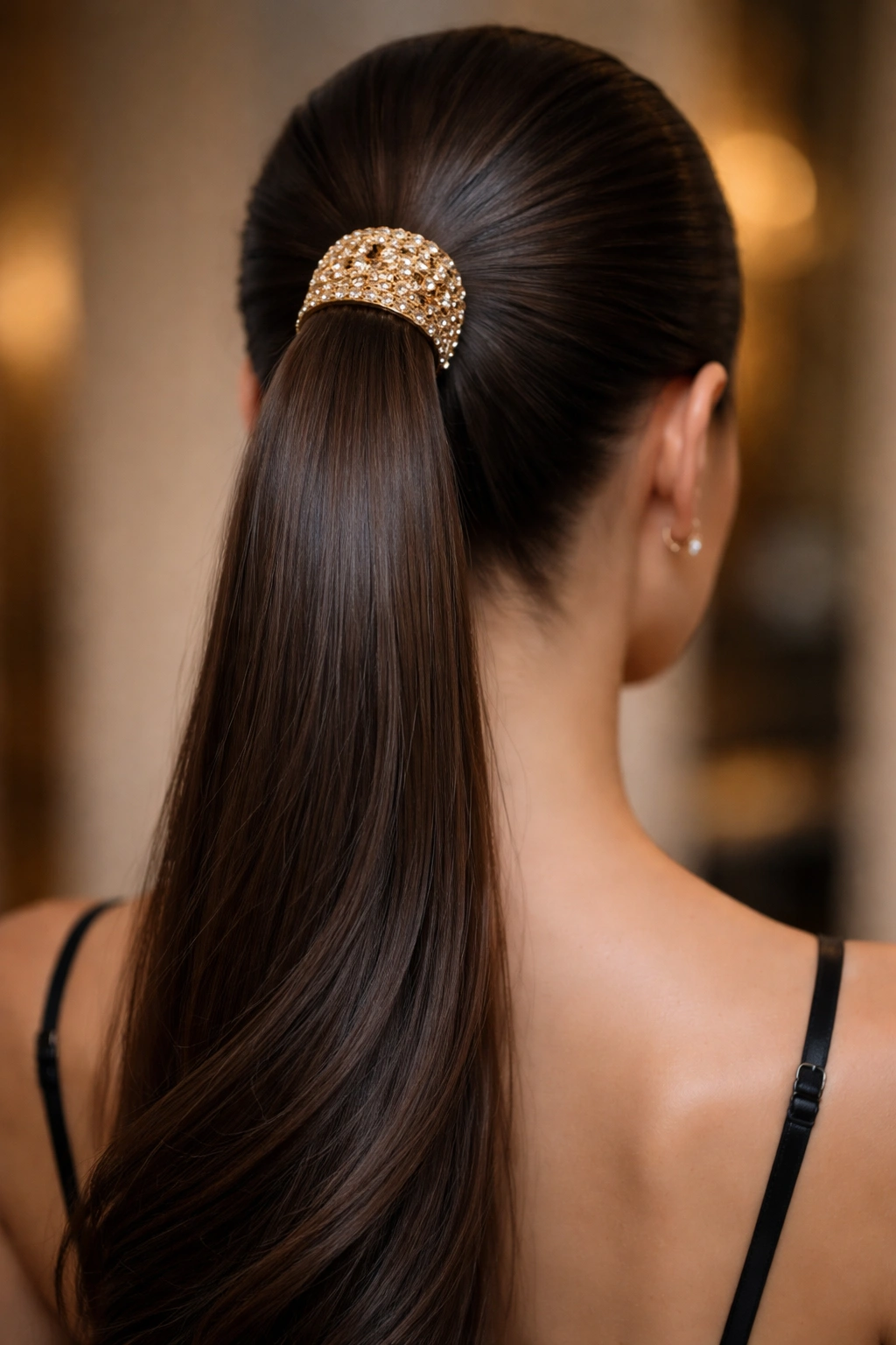 Sleek ponytail with decorative cuff around the base