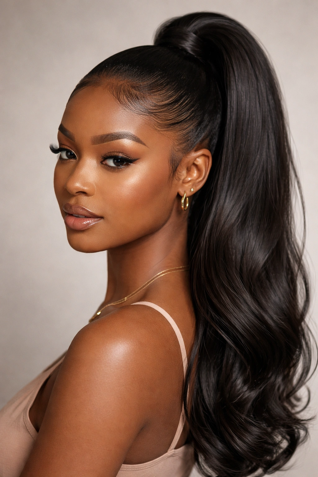 Close-up of a sleek ponytail with curved edges on a Black woman's hairstyle