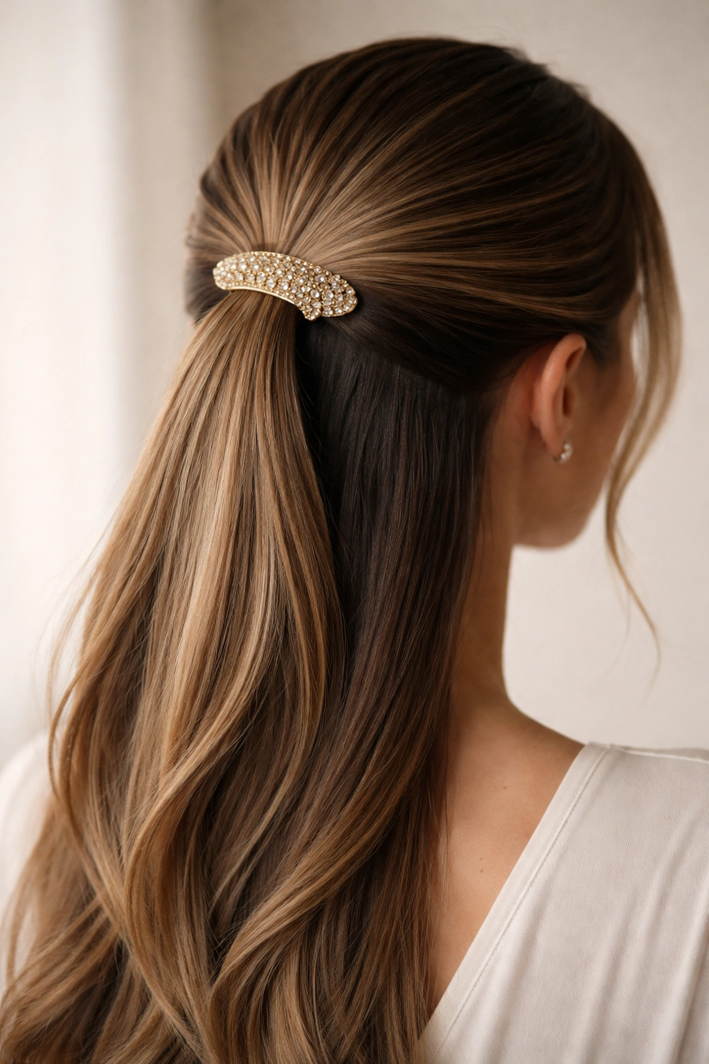 Close-up of sleek half ponytail with decorative clip hiding the elastic, hair glossy.