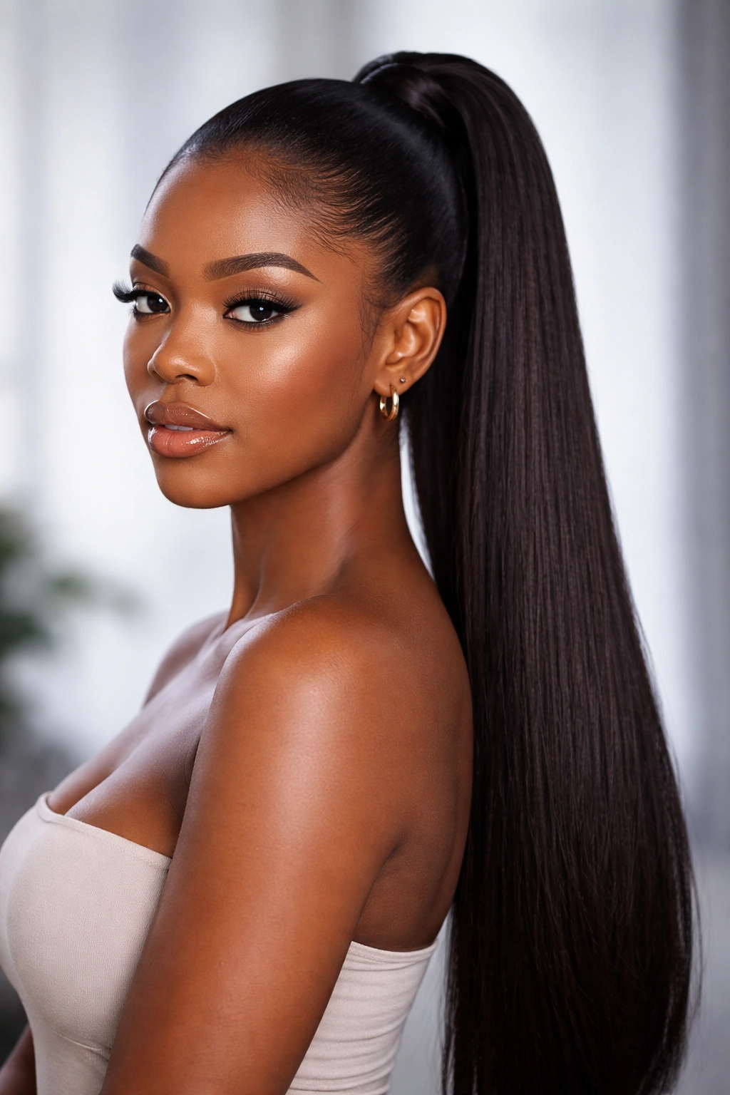 Front view of a Black woman with a sleek, extended ponytail showing extensions.