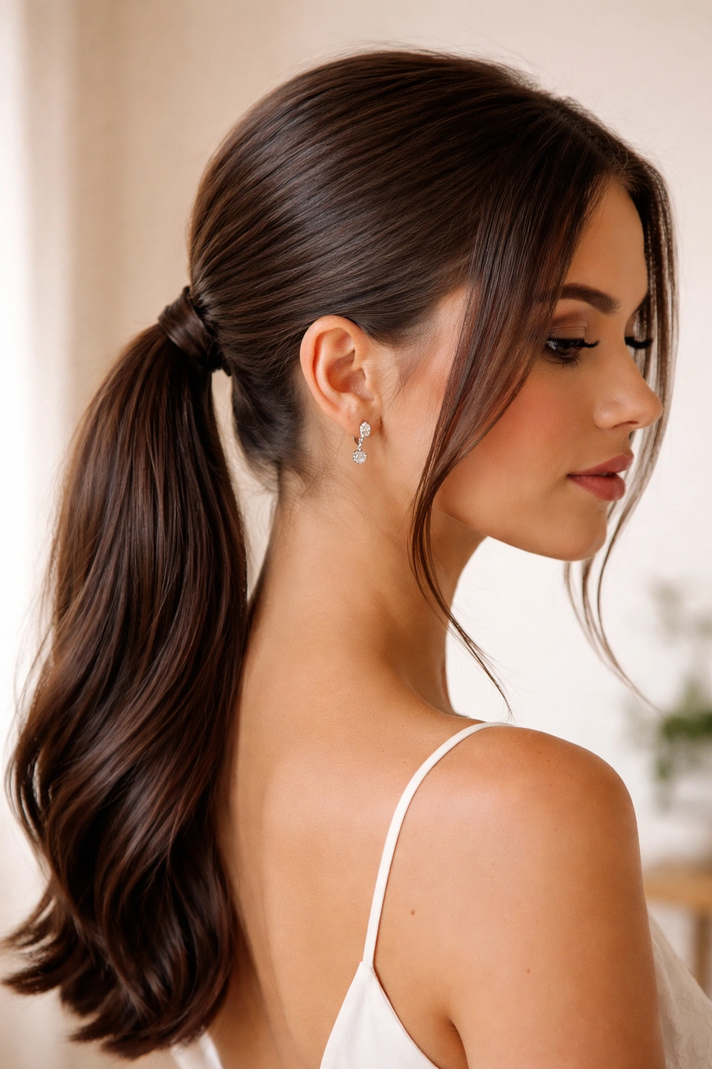 Close-up of a sleek low ponytail with face-framing layers on straight hair