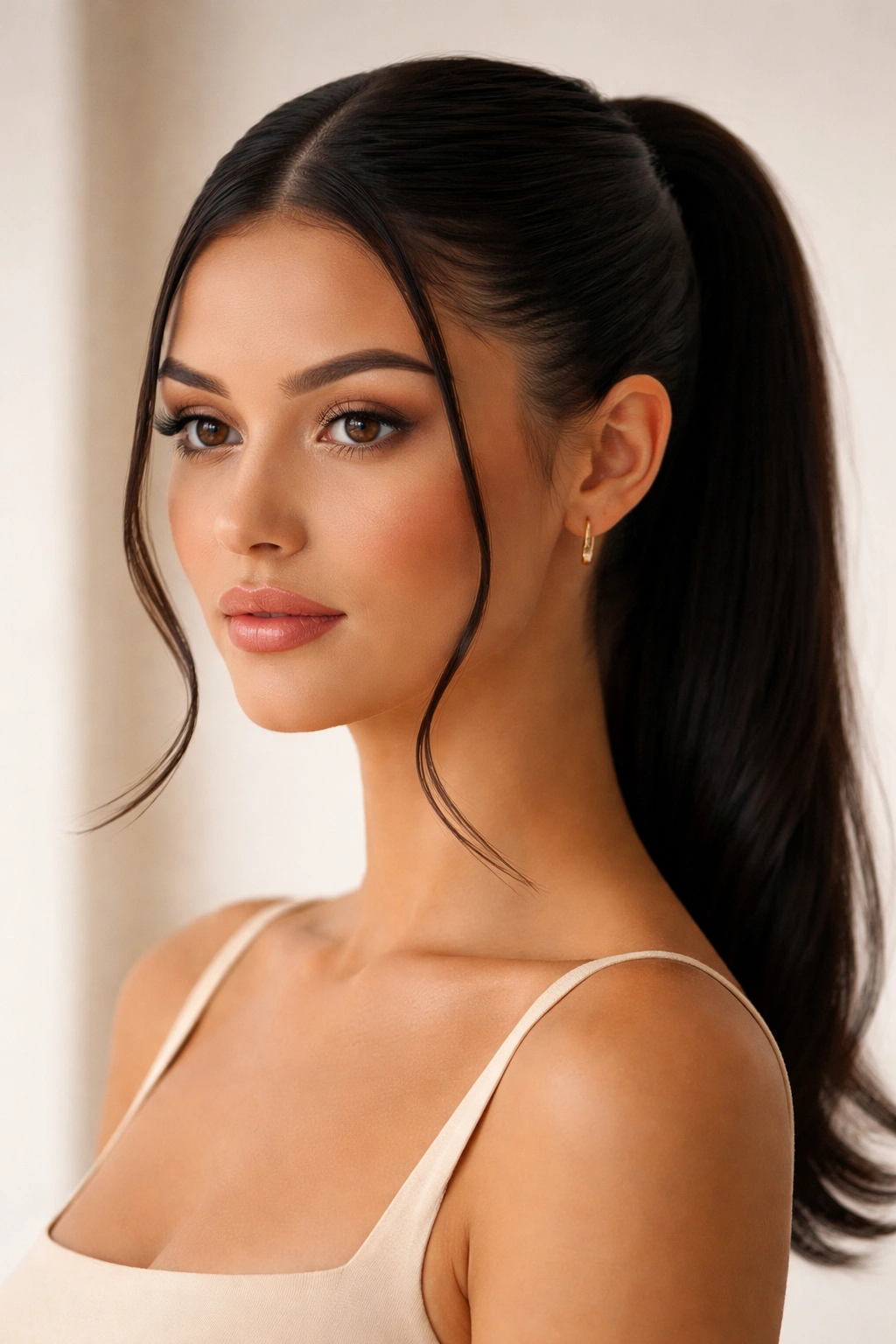 Close-up of a sleek middle-part ponytail with face-framing wisps curling at the jawline