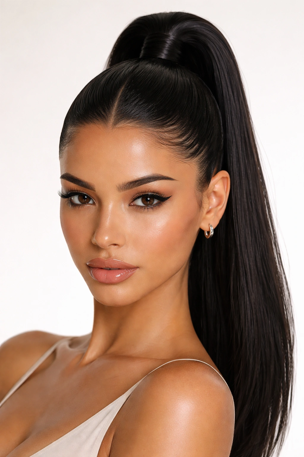 Close up of sleek high ponytail with gel defined middle part
